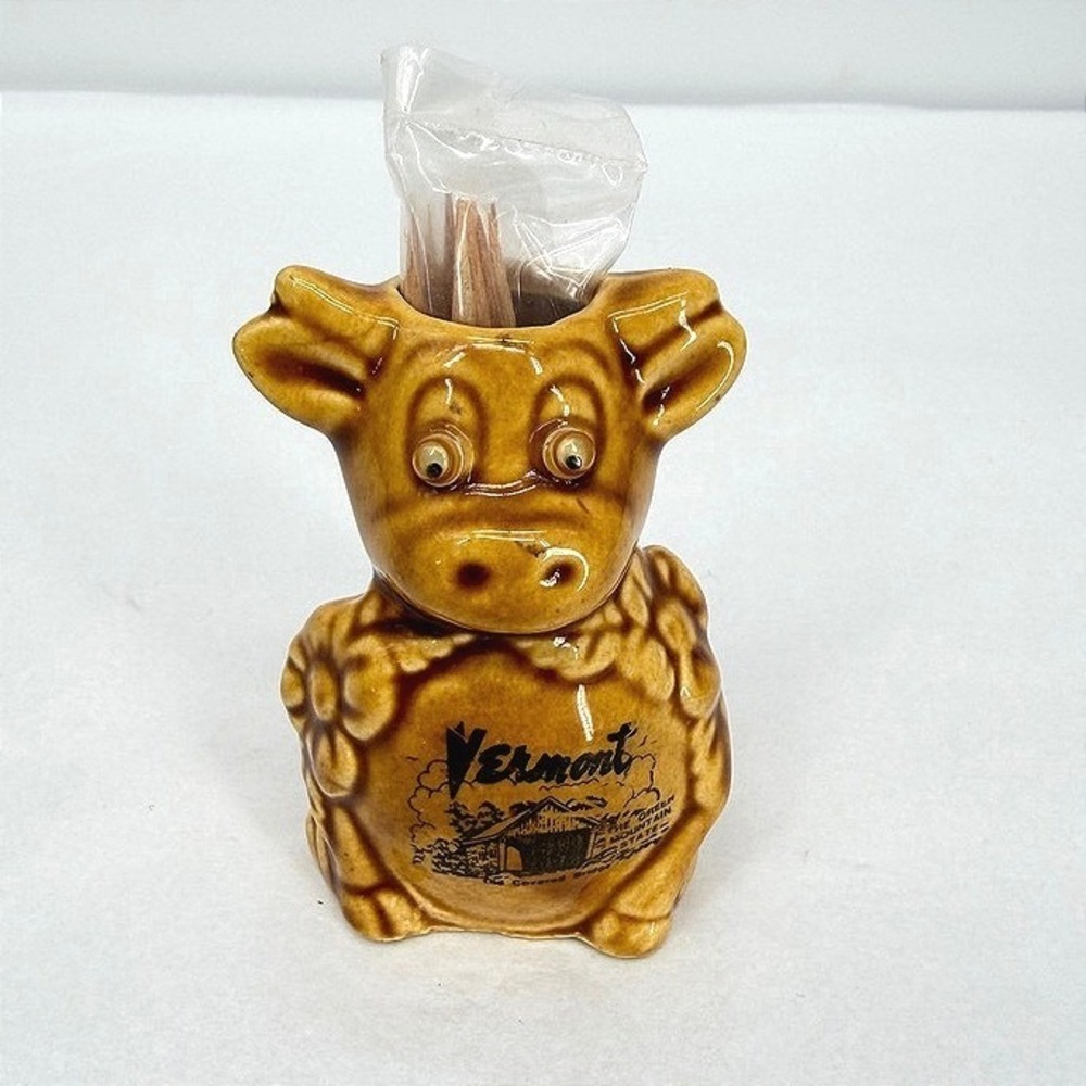 Cow Toothpick Holder‎ Vermont SouvenirBrown Ceramic Vintage Ceramic Small